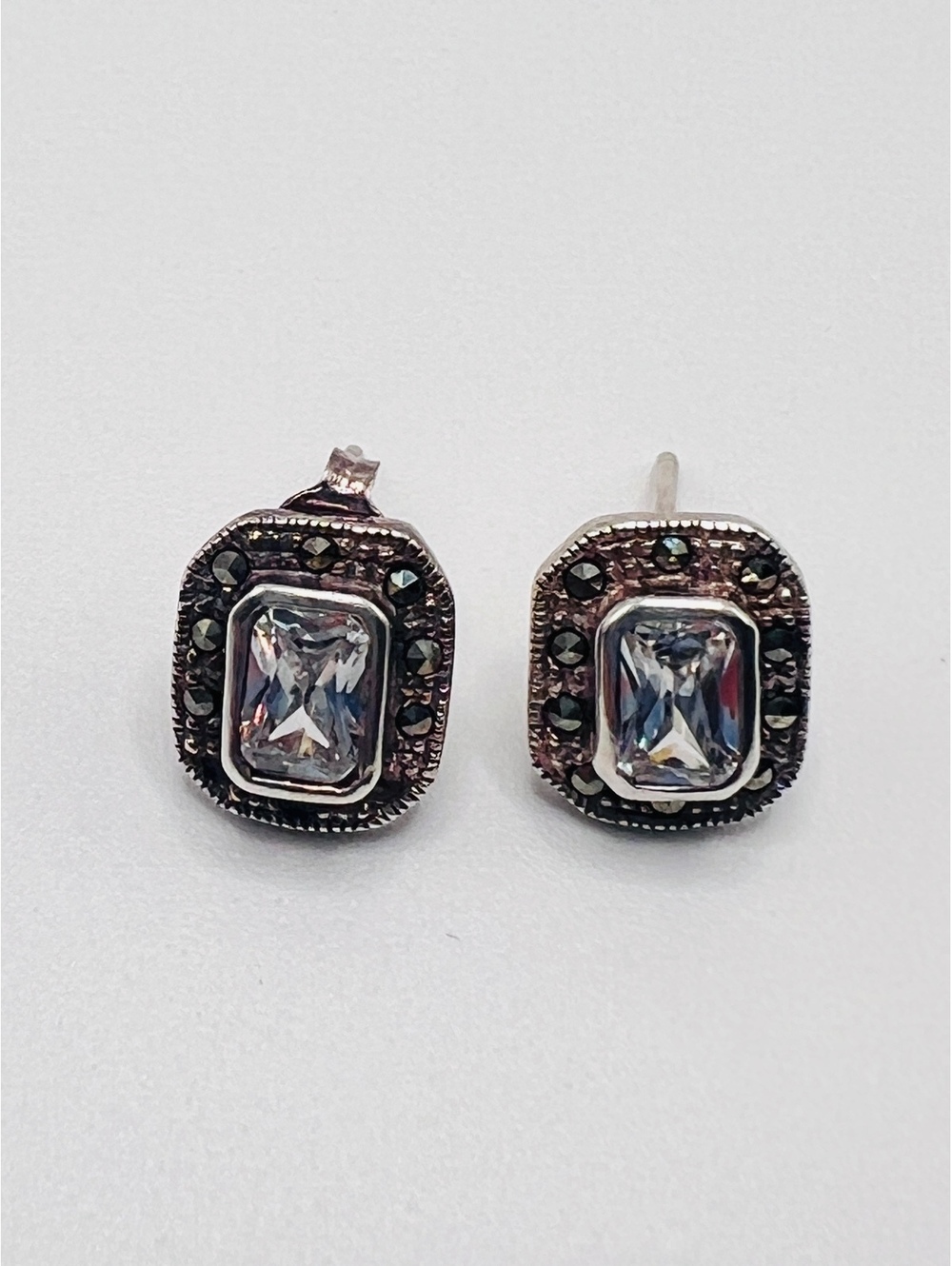 925 Sterling Silver Marcasite Emerald Cut Clear Stone Stud Earrings